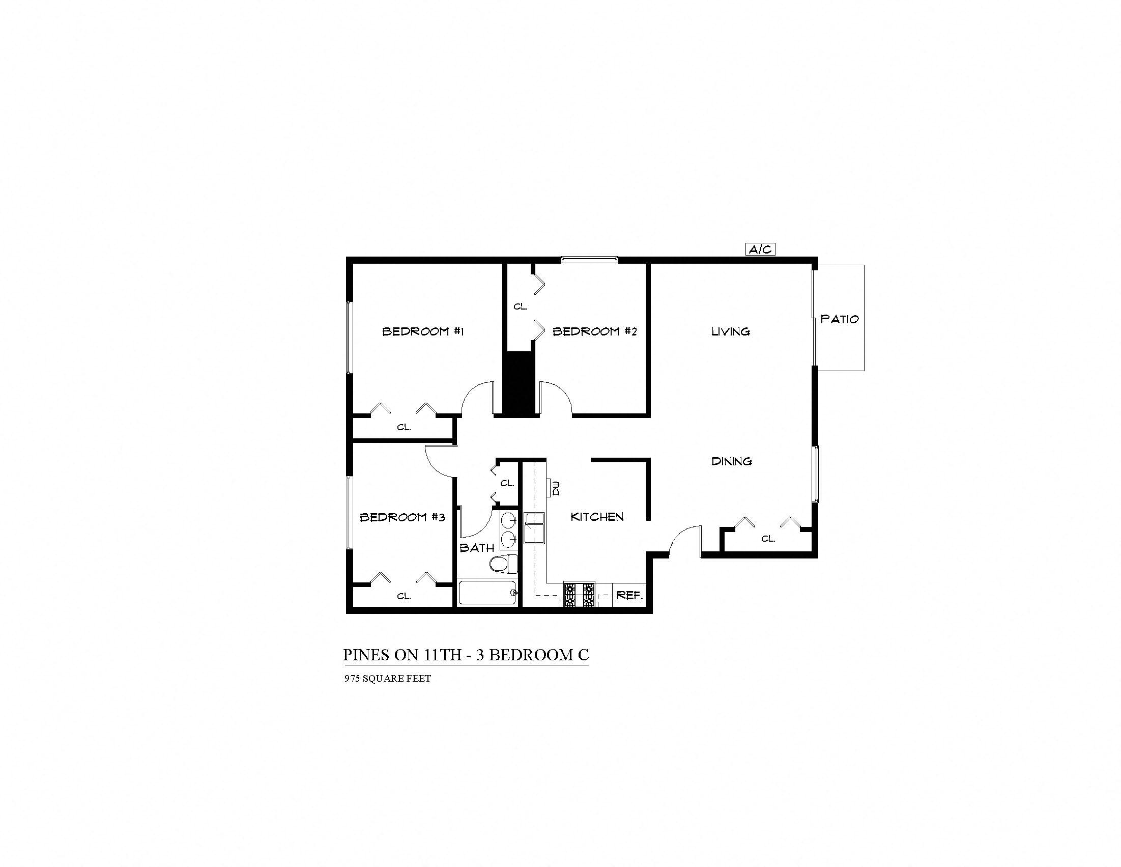 Floor plan for 3 beds, 1 bath, 975 sqft